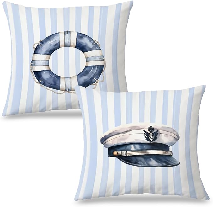 Blue Coastal Nautical Pillow Covers 18x18 Set of 2, Watercolor Lifebuoy Captain by Exqcom