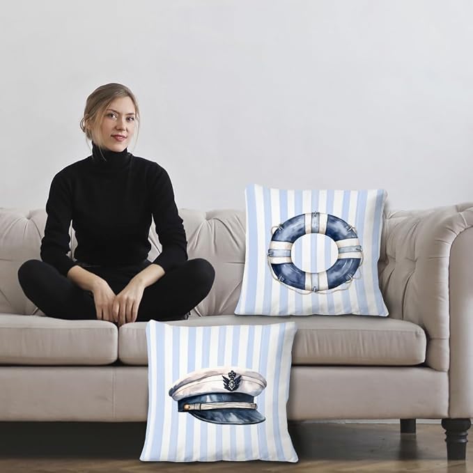 Blue Coastal Nautical Pillow Covers 18x18 Set of 2, Watercolor Lifebuoy Captain - Image 2