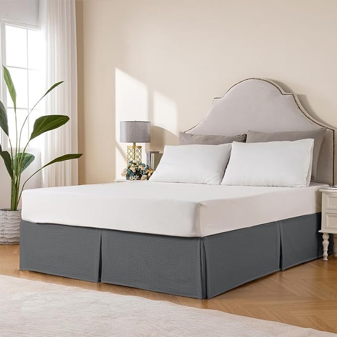 MIYE Pleated Waffle Weave Bed Skirt, Tailored Dust Ruffle 22 Inch Drop Easy Fit - Image 3