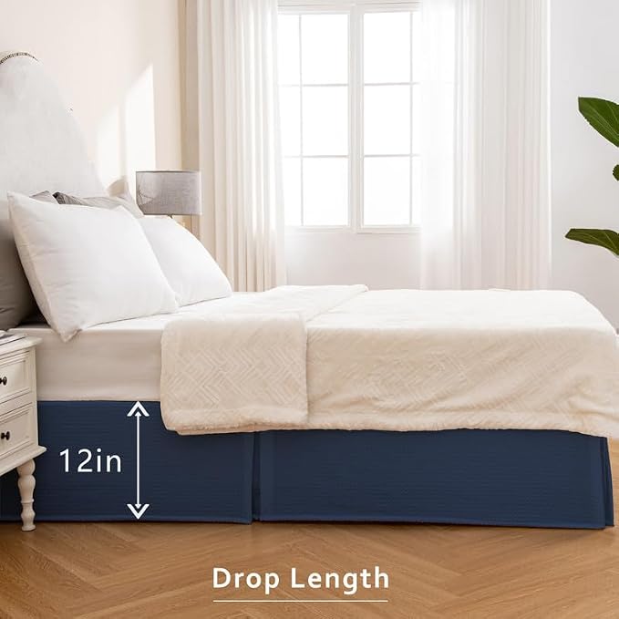 MIYE Pleated Waffle Weave Bed Skirt, Tailored Dust Ruffle 12 Inch Drop Easy Fit - Image 5