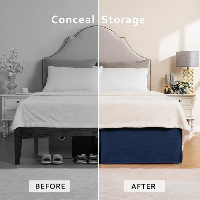 MIYE Pleated Waffle Weave Bed Skirt, Tailored Dust Ruffle 14 Inch Drop Easy Fit - Image 5