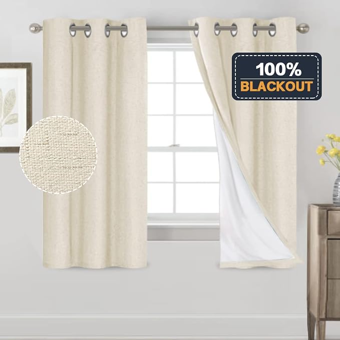 PrinceDeco Linen Texture Curtains 100% Blackout Curtains 64 inch Long 2 Panels - Image 6