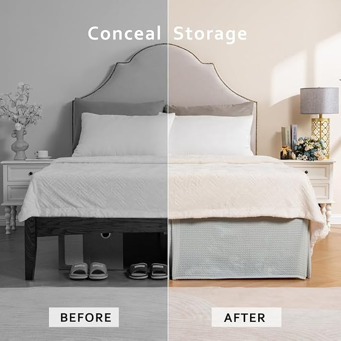 MIYE Pleated Waffle Weave Bed Skirt, Tailored Dust Ruffle 12 Inch Drop Easy Fit - Image 5