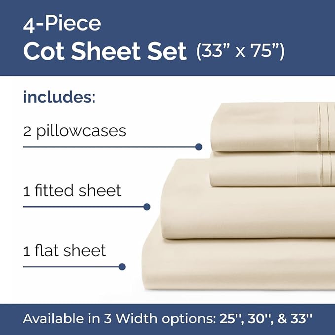 Cot Sheet Set 33” x 75” – 4 Piece Cot Size Twin Mattress Sheets – Ideal - Image 2