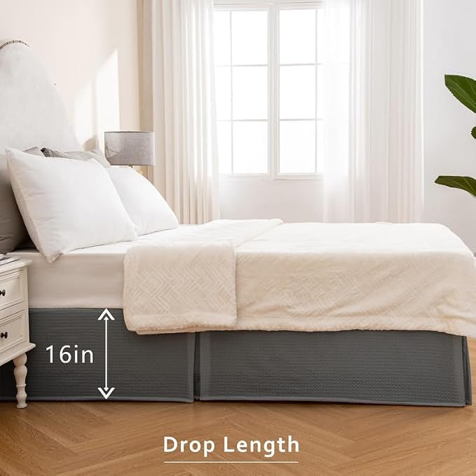 MIYE Pleated Waffle Weave Bed Skirt, Tailored Dust Ruffle 16 Inch Drop Easy Fit - Image 7