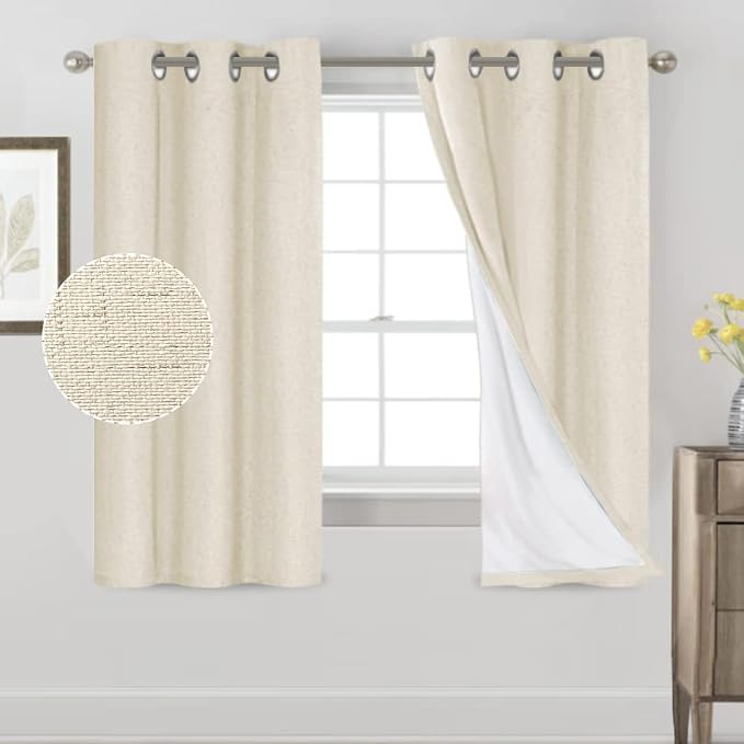 PrinceDeco Linen Texture Curtains 100% Blackout Curtains 64 inch Long 2 Panels - Image 9