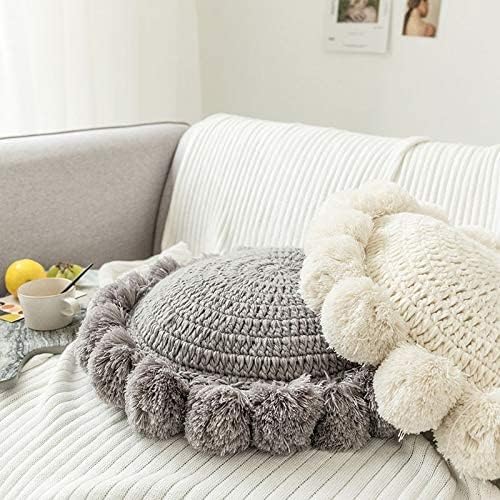 Round Throw Pillow Boho with Pom Poms Fringe Tassels, Bohemian Cute Decorative - Image 3