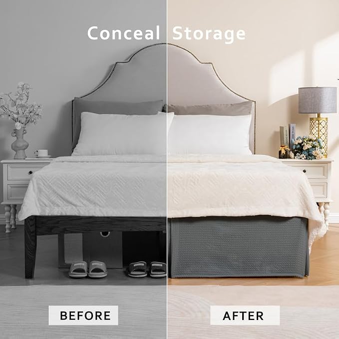 MIYE Pleated Waffle Weave Bed Skirt, Tailored Dust Ruffle 16 Inch Drop Easy Fit - Image 4