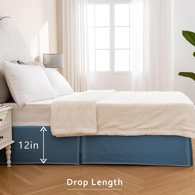 MIYE Pleated Waffle Weave Bed Skirt, Tailored Dust Ruffle 12 Inch Drop Easy Fit - Image 3