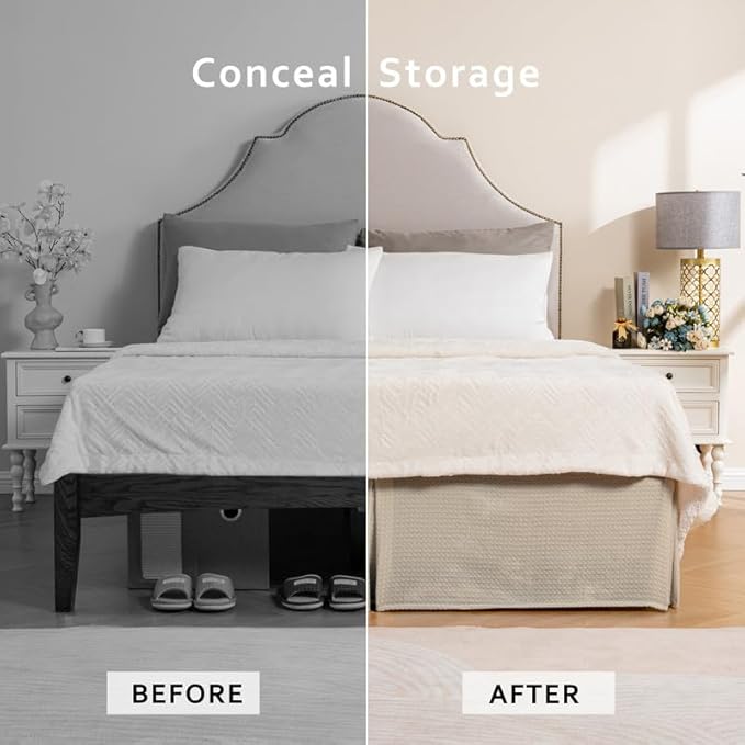 MIYE Pleated Waffle Weave Bed Skirt, Tailored Dust Ruffle 14 Inch Drop Easy Fit - Image 4
