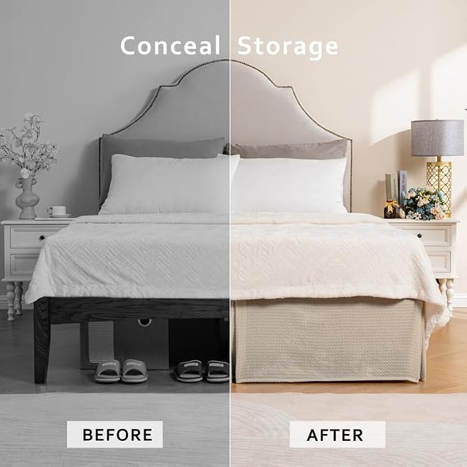 MIYE Pleated Waffle Weave Bed Skirt, Tailored Dust Ruffle 18 Inch Drop Easy Fit - Image 4