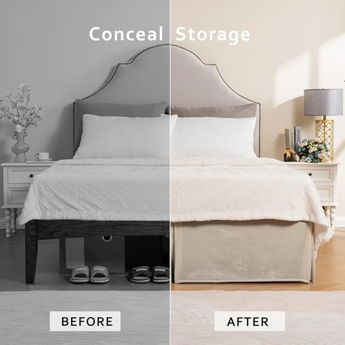 MIYE Pleated Waffle Weave Bed Skirt, Tailored Dust Ruffle 12 Inch Drop Easy Fit - Image 4
