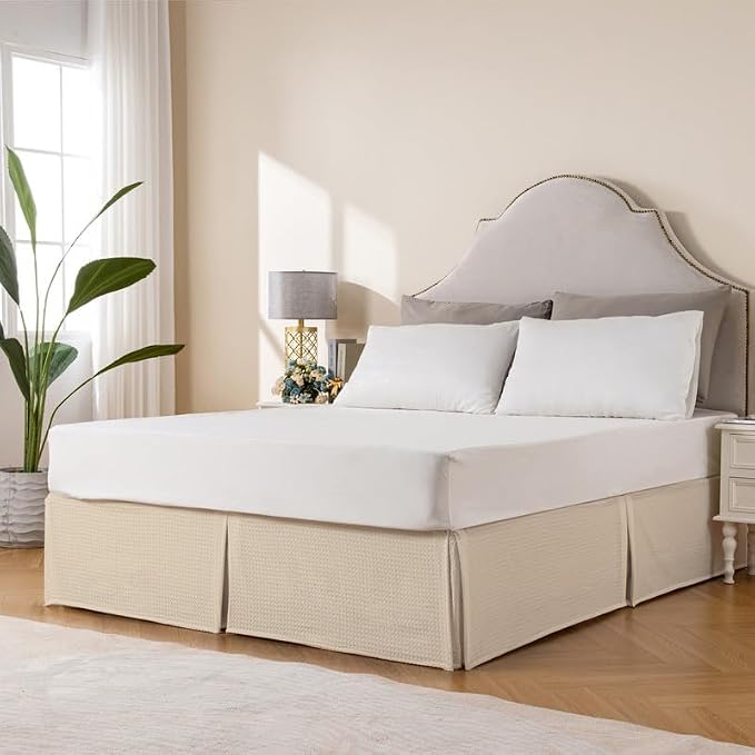 MIYE Pleated Waffle Weave Bed Skirt, Tailored Dust Ruffle 14 Inch Drop Easy Fit - Image 3