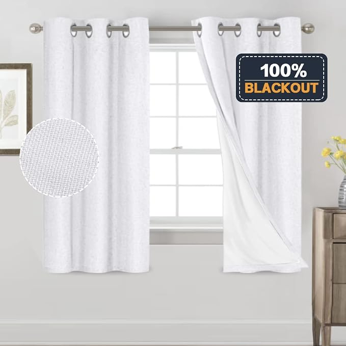 PrinceDeco Linen Texture Curtains 100% Blackout Curtains 64 inch Long 2 Panels - Image 7