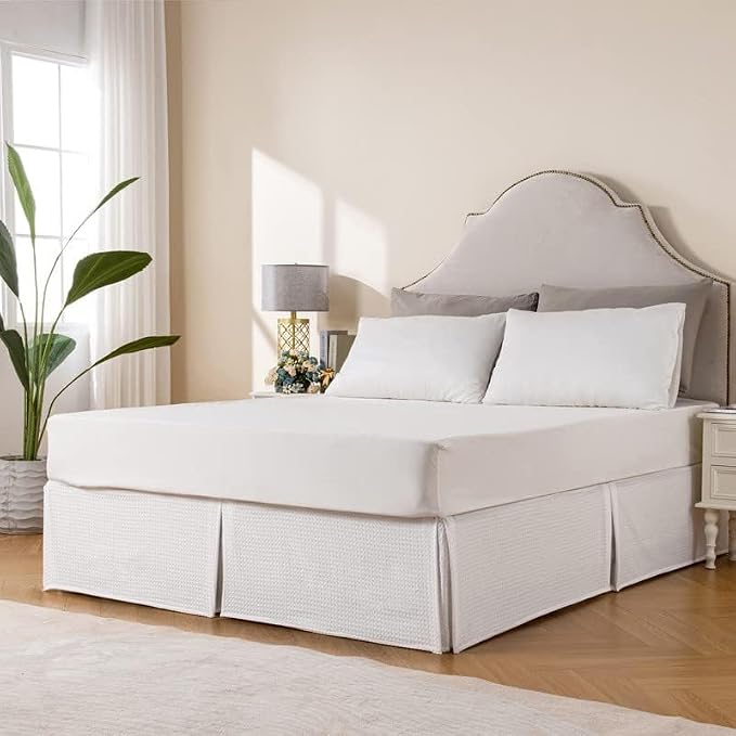 MIYE Pleated Waffle Weave Bed Skirt, Tailored Dust Ruffle 16 Inch Drop Easy Fit - Image 5