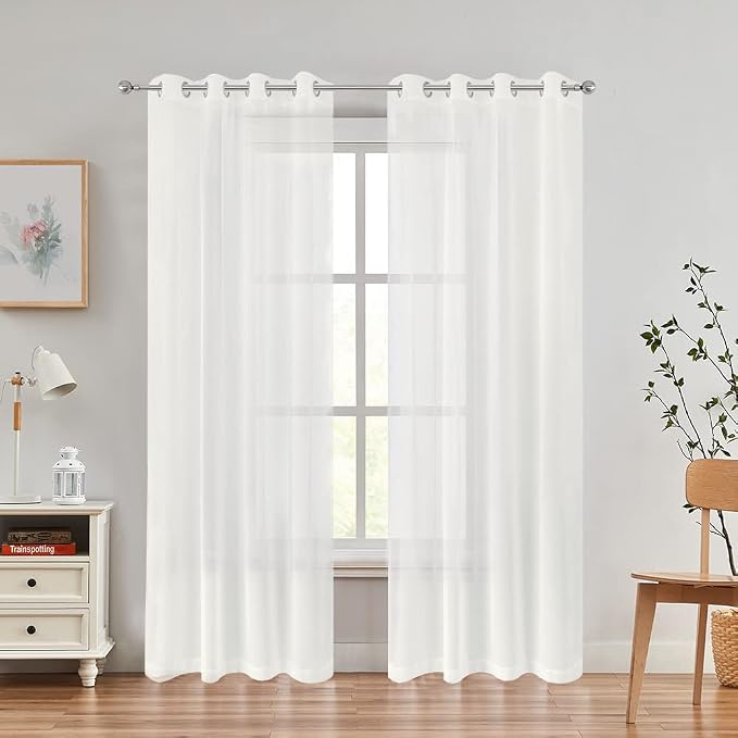 Sheer Curtains Faux Linen Semi Voile Light Filtering Drapes Pair - Image 2