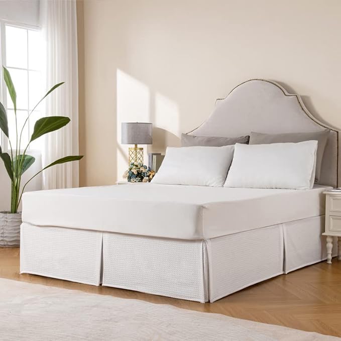 MIYE Pleated Waffle Weave Bed Skirt, Tailored Dust Ruffle 18 Inch Drop Easy Fit - Image 2