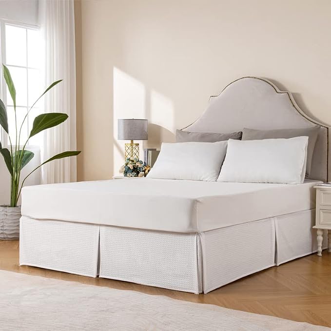 MIYE Pleated Waffle Weave Bed Skirt, Tailored Dust Ruffle 14 Inch Drop Easy Fit - Image 3