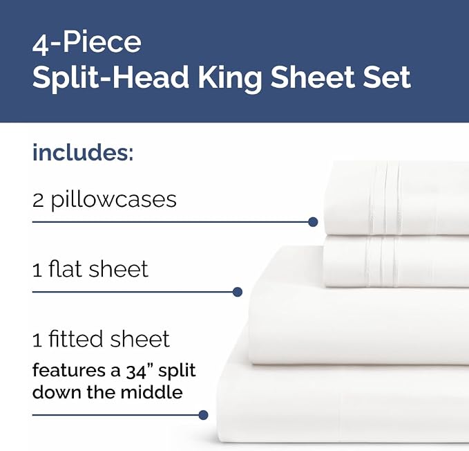Split Head King Sheet Set – 4 Piece Flex Split Top King Sheets - Image 2