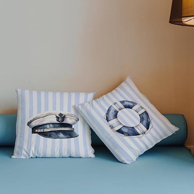 Blue Coastal Nautical Pillow Covers 18x18 Set of 2, Watercolor Lifebuoy Captain - Image 3
