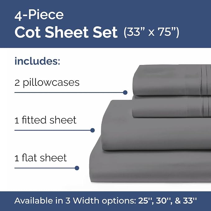 Cot Sheet Set 33” x 75” – 4 Piece Cot Size Twin Mattress Sheets – Ideal - Image 2