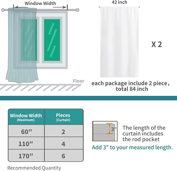 BGment Rod Pocket White Curtains 48 Inches Length - Image 7