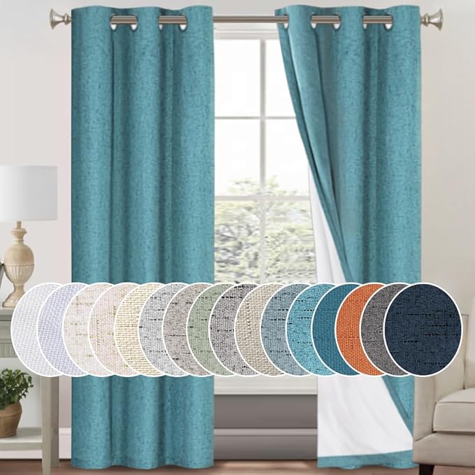 PrinceDeco Teal Blue 100% Blackout Linen Textured Curtains by PrinceDeco