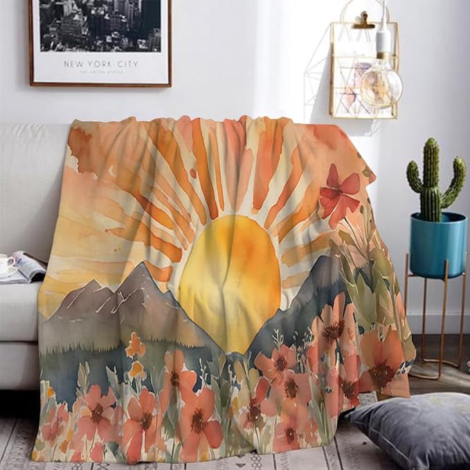 Burn Orange Boho Sunrise Sunset Sun Print Throw Blankets Pink Floral Flower - Image 3
