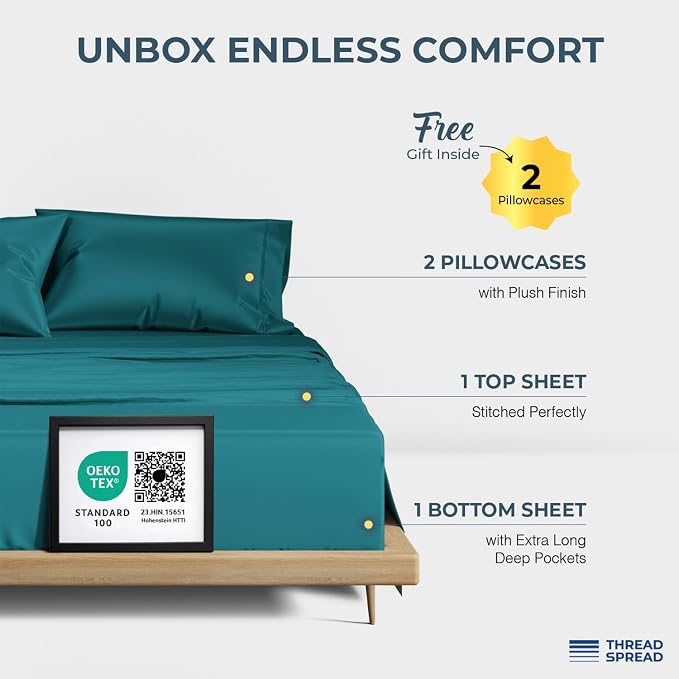 THREAD SPREAD 100% Egyptian Cotton Sheets California King Size Bed Set - Image 3