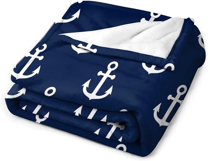 Anchor Blanket Vintage Rustic Ocean Nautical Style Navy Blue White Soft Cozy - Image 2