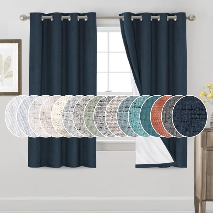 PrinceDeco 100% Blackout Curtains Navy Blue Curtains 63 Inch Length Linen by PrinceDeco