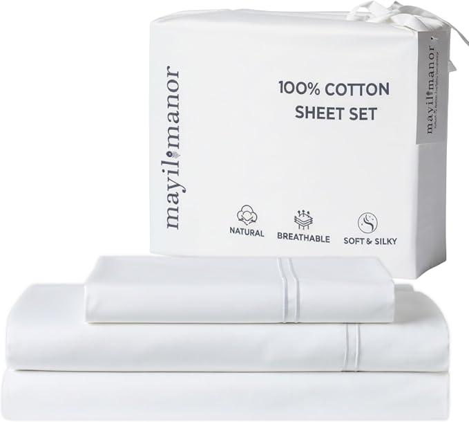 100% Natural Cotton Bed Sheets | 500 TC Single-Ply Sateen Weave Twin XL Sheets by MayilManor