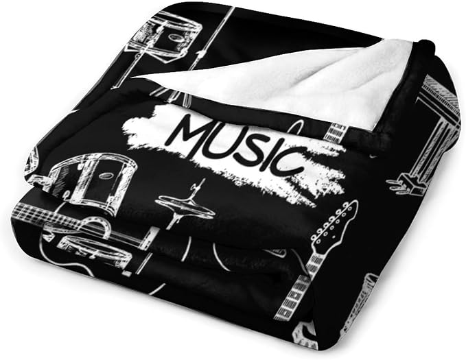 Music Blanket Drums Piano Guitar Black White Abstract Art Printed Soft Cozy - Image 2