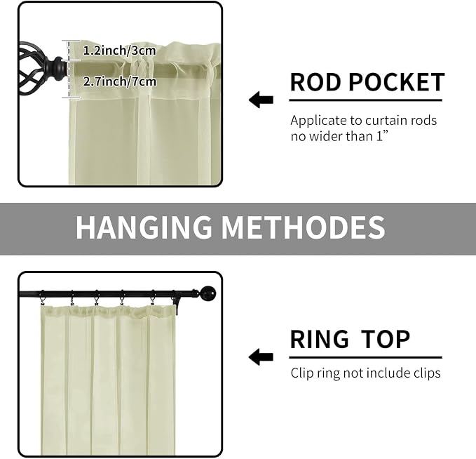 Sheer Curtains 72 Inches Long 2 Panels, Rod Pocket Short Curtain - Image 2