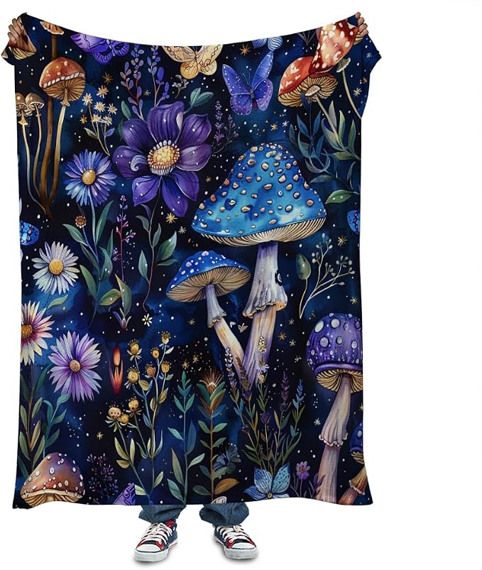 Cute Whimsical Mushroom Throw Blanket Aesthetic Dark Botanical Florals Throw - Image 6
