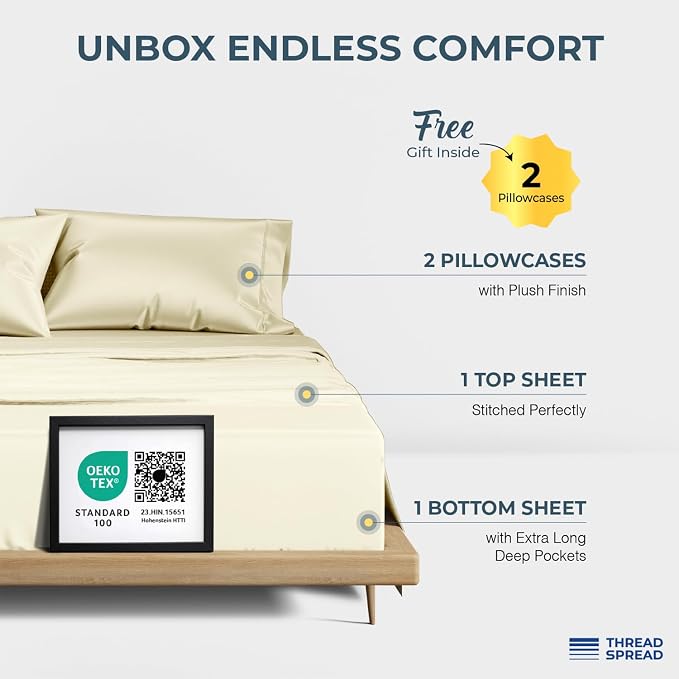 THREAD SPREAD 100% Egyptian Cotton Sheets Queen Size - Image 3