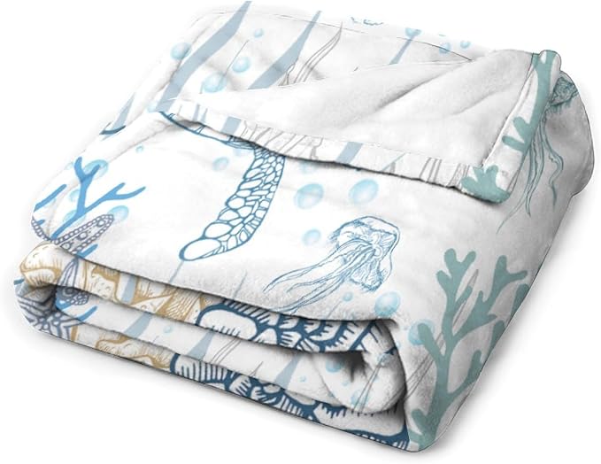 Nautical Turtle Throw Blanket, Coastal Sea Ocean Theme Coral Starfish Seashell - Image 3