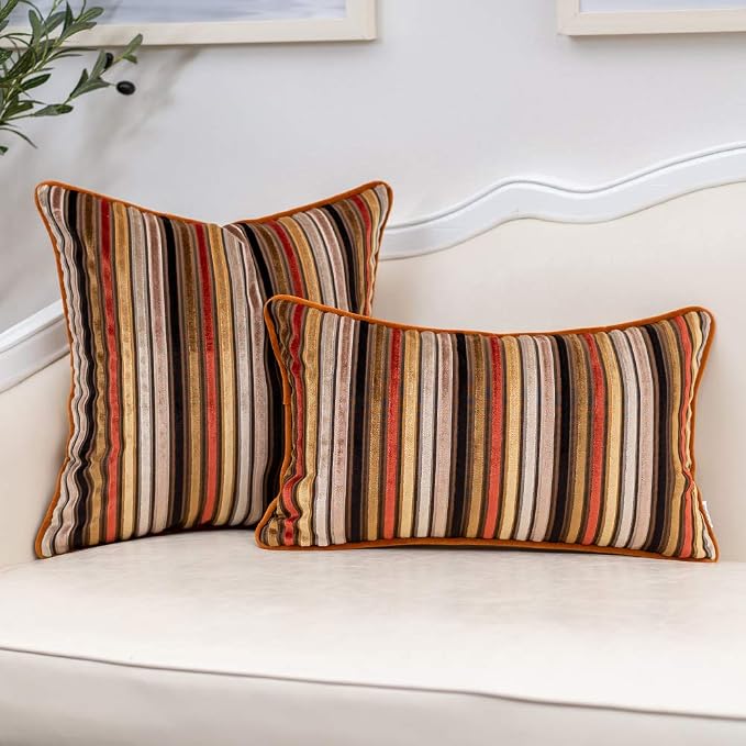 Yangest Orange Striped Throw Pillow Cover Multicolor Velvet Cushion Cover - Image 4