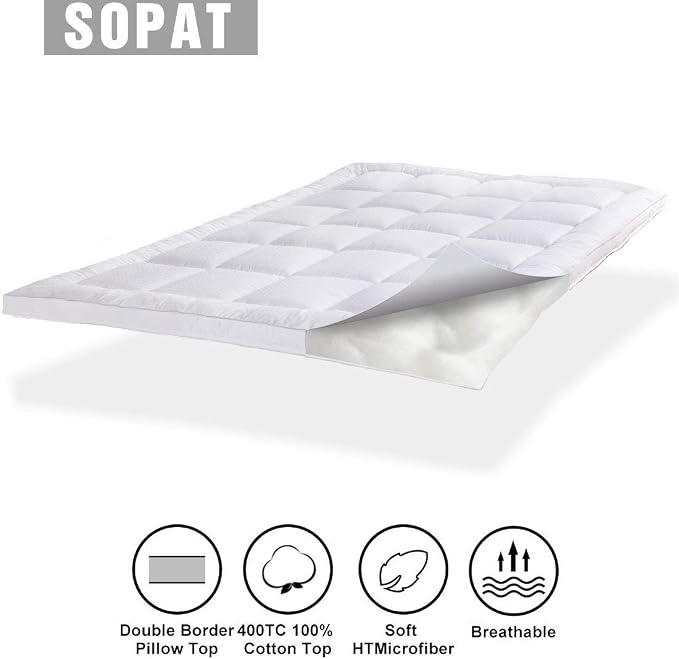 SOPAT Extra Thick Mattress Topper Twin 400TC Cotton Pillow Top Breathable - Image 2