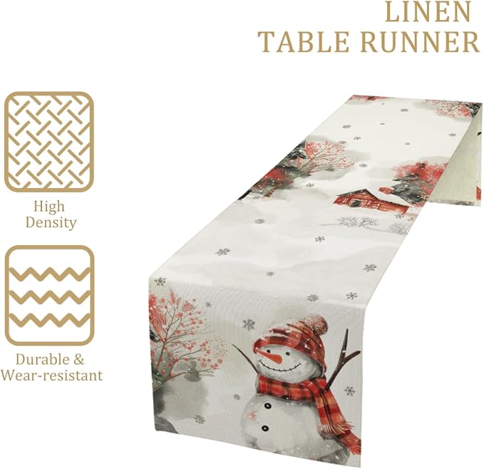 Snow Table Runner, Merry Christmas Linen Table Runner, Snowman Dining Table - Image 4