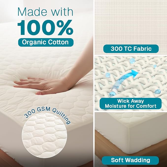 FABDREAMS Organic Quilted Mattress Protector Queen Size | Mattress Pad| - Image 3