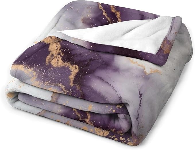 Modern Marble Blanket, Abstract Luxury Baroque Golden Purple White Stone Veins - Image 4