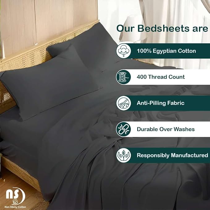 NON Sticky cotton Queen Size Sleeper Sofa Sheets, 4 Piece Egyptian Cotton Bed - Image 2