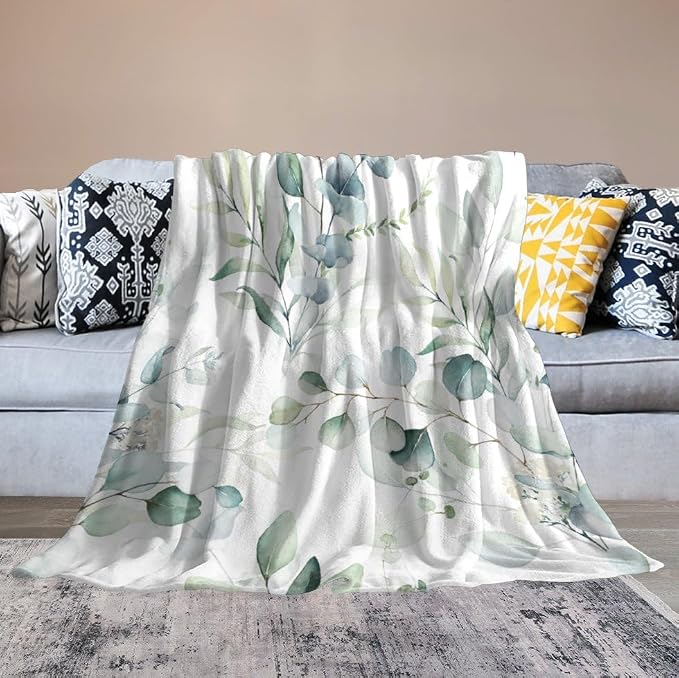 Eucalyptus Leaf Throw Blanket, Watercolor Floral Spring Botanical Green Plants - Image 6