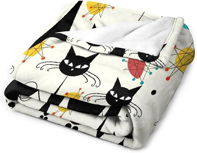 Mid Century Modern Throw Blanket, Atomic Black Cat Starbursts Iconic Sputnik - Image 3
