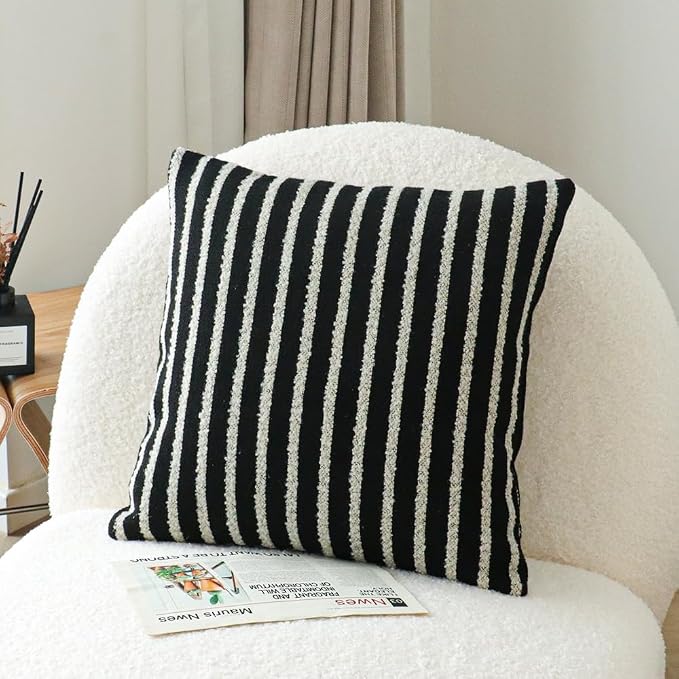 Jonhier Black Striped Boho Throw Pillow Cover, Modern Boucle Textured Square - Image 3