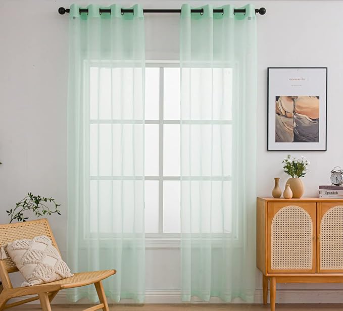 PI Mint Sheer Curtains with Eyelets, Light Voile Textured, Cool Window Backdrop by PI