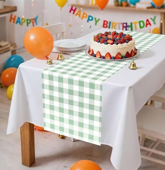 12 Pcs Sage Green and White Checkered Table Runner Plastic 14 x 108 Disposable - Image 2