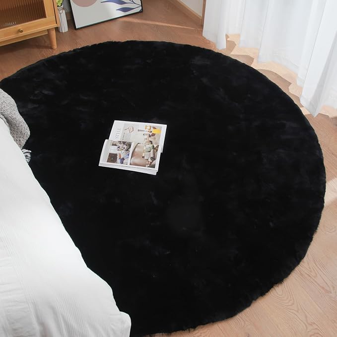 Black Round Rugs 8ft Machine Washable Rabbit Fur Area Rug Large Circle Rugs - Image 4
