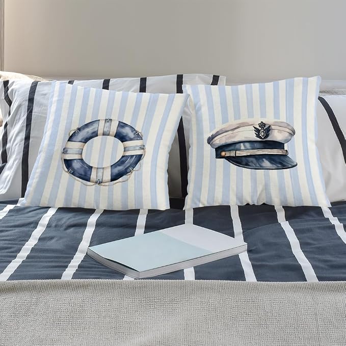 Blue Coastal Nautical Pillow Covers 18x18 Set of 2, Watercolor Lifebuoy Captain - Image 4